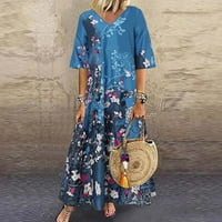 Ženske Maxi labave haljine klirens cvjetni Print Boho elegantne Casual udobne praznične rukave jesenske haljine Vintage V izrez plava L