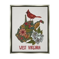 Stupell Industries West Virginia State Cardinal Detaljno Detaljni cvjetni uzorak Grafički umjetnost Luster Siva plutajući uokvireni platno Ispis zidne umjetnosti, dizajn Valentine Harper