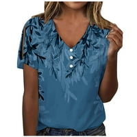 Yyeselk jednostavan stil ljetne ženske košulje izdubite kratke rukave dugme gore V-izrez tunike modni gradijent boja ostavlja Print bluze Blue XL