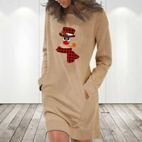 Popust ženska Božić dukserica haljina Casual Dugi rukav Božić grafički Print okrugli vrat pulover vrhovi Khaki XL