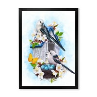 Designart 'dvije ptice sise koje sjede u blizini gnijezda s jajima i bijelim cvjetovima II' tradicionalni uokvireni umjetnički Print