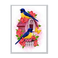 Designart 'dvije ptice žute i plave sise koje sjede u blizini gnijezda' tradicionalni uramljeni platneni zidni Print