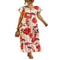 Glonme dame Maxi haljine V izrez duga haljina cvjetna tiskanja ljetna plaža sandress boho ruffle labav kratki rukav crveni xl