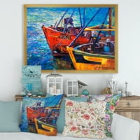 Brodovi za vrijeme toplog zalaska sunca odmaraju se na vodi VII uokvireno slikarstvo platno Art Print