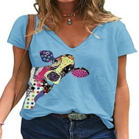 Žene V izrez kratki rukav T-shirt labave print bluza Tops Bule M