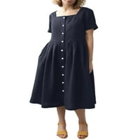 Glonme Midi haljina za žene Casual kvadratni vrat dugme dolje ljetna haljina kratki rukav labava ljuljačka