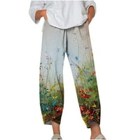 Žene ljetne posteljine povremene elastične struke cvjetne tiskane širine nogu sa džepovima udobne hlače