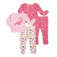 Wonder Nation Baby Toddler Djevojka s dugim rukavima Snug fit pamučna pidžama, 4-komadni set