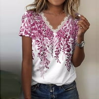 Cuoff bluze za žene Casual Loose Shirts V izrez kratki rukav Flower Print čipkaste majice Tee Womens Tops