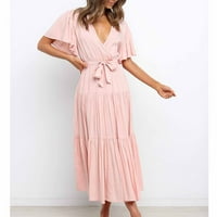 Haljine za žene V-izrez labave Maxi pune A-linije kratke rukave ljetne haljine Pink m
