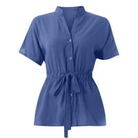 Žene vrhovi ljeto V izrez Pleased Belt šifon kratkih rukava Bluza Royal Blue S
