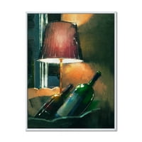 Svjetiljka užarena narandžasta u noći i boca vina uokvirena slikanje platnena umjetnost otisak