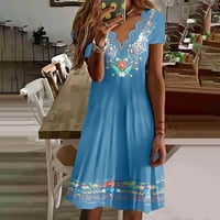 Oavqhlg3b Vintage štampana haljina s V izrezom za žene kratki rukav Midi labava ljetna haljina plaža Casual