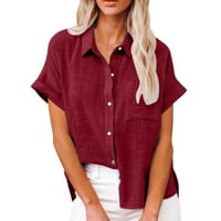 Cuoff bluze za žene Casual Moda pamuk Lanen kratki rukav rever dugme dole majica ženski vrhovi vino 2x
