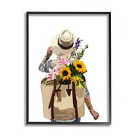 Stupell Industries žena koja nosi cvjetni ruksak raznovrsni cvjetovi suncokreta grafička Umjetnost Crni
