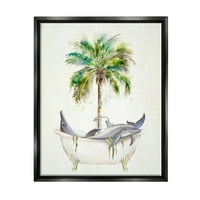 Stupell Tropical Dolphins Kupatilo Kada Životinje & Insekti Painting Black Floater Uokvirena Art Print Wall Art