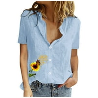 Button V izrez majice za žene Casual kratki rukav suncokretova štampana pamučna lanena majica Top trendi